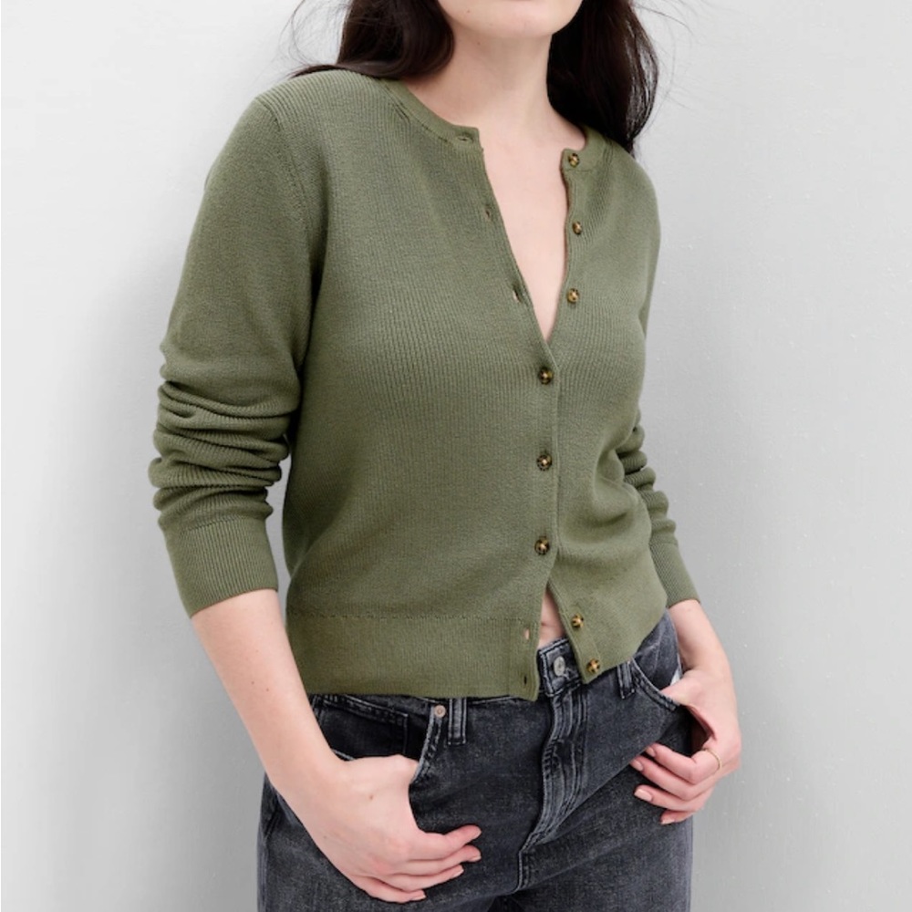NWT GAP Ribbed Crewneck Green Cardigan Size S 100% Cotton